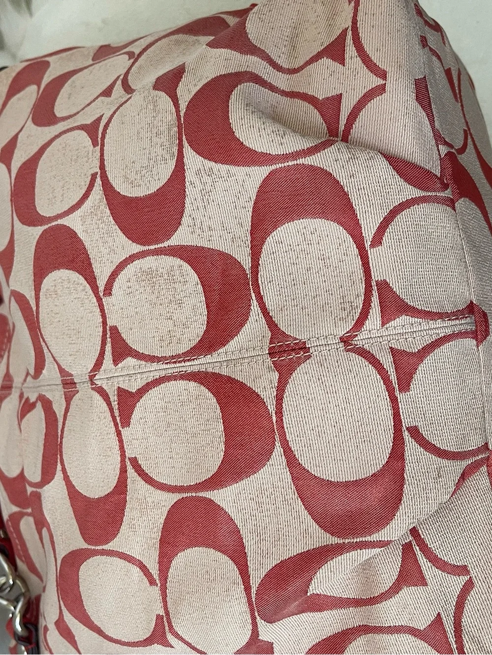 Coach Red Signature Canvas Shoulder Bag with Leather Trim